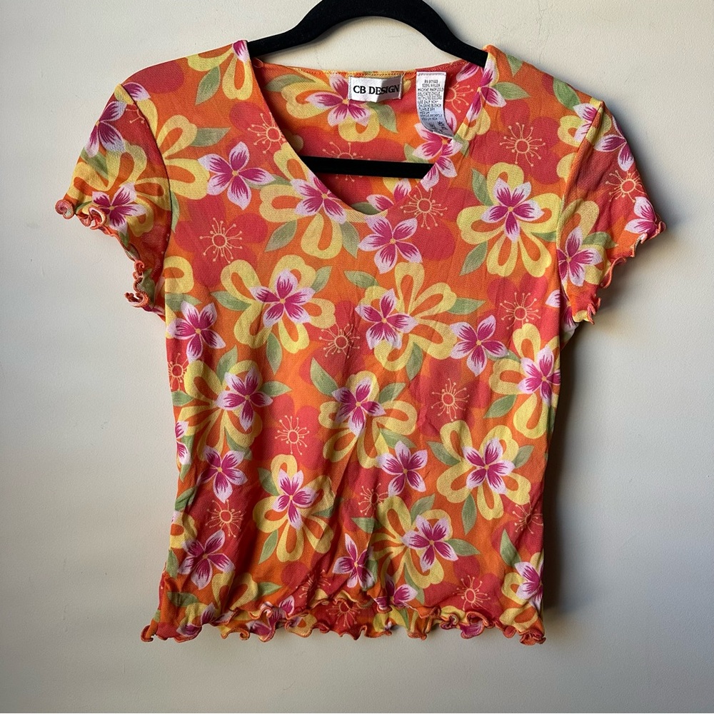 Vintage CB Design floral print V-neck Classic Retro Y2K Blouse Tropical Top Sz S